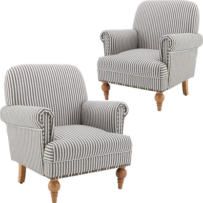 Black Striped Linen Fabric Accent Chairs Set of 2, Modern Farmhouse Upholstered by DMFurniture