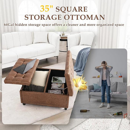 36" Large Square Ottoman with Storage, Tufted Upholstered Storage Ottoman with - Image 6