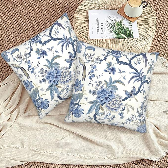 Chinoiserie Blue and White Pillow Covers 18x18 Set of 2, Bird and Flowers Throw - Image 2