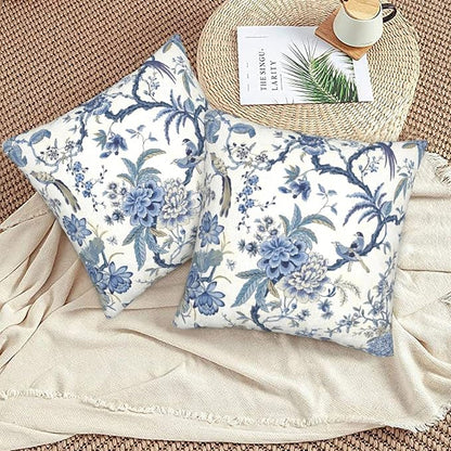 Chinoiserie Blue and White Pillow Covers 18x18 Set of 2, Bird and Flowers Throw - Image 2