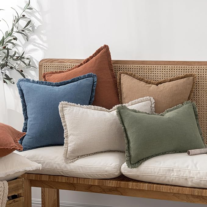 MIULEE Linen Fringe Decorative Euro Throw Pillow Covers Blue Ashes 28x28 | Set - Image 3