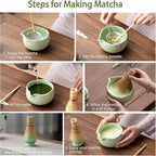 Matcha Whisk Set, Ceramic Matcha Set Includes Matcha Bowl, Matcha Whisk and Holder, Bamboo Scoop, Scoop Rest, Sifter and Tea Towel - 7 Pcs Matcha Kit for Matcha Lovers (Green)