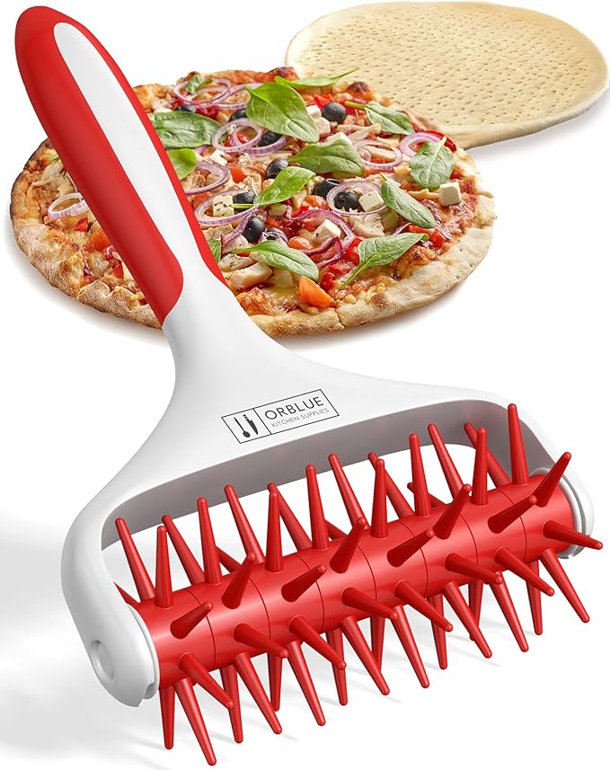 Orblue Pizza Dough Docker, Pastry Roller with Spikes, Pizza Docking Tool for Home & Commercial Kitchen - Pizza Making Accessories that Prevent Dough from Blistering, Red