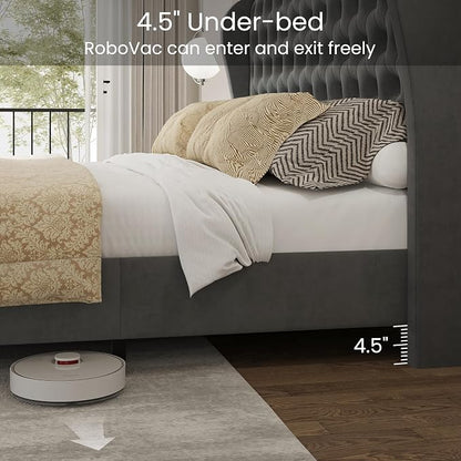 LARMACE King Size Bed Frame Velvet Upholstered Platform Bed - Image 6