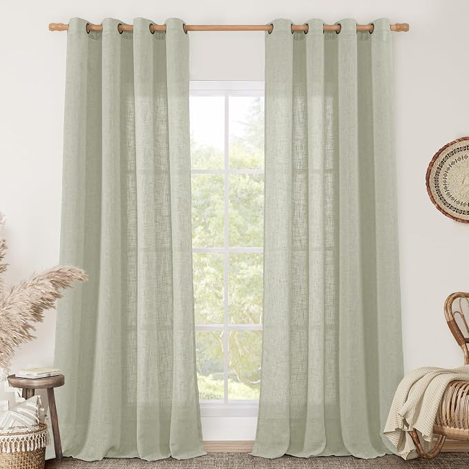 Linen Curtains for Living Room, Sage Grey 90 Inch Length Bronze Grommet Linen by LAMIT