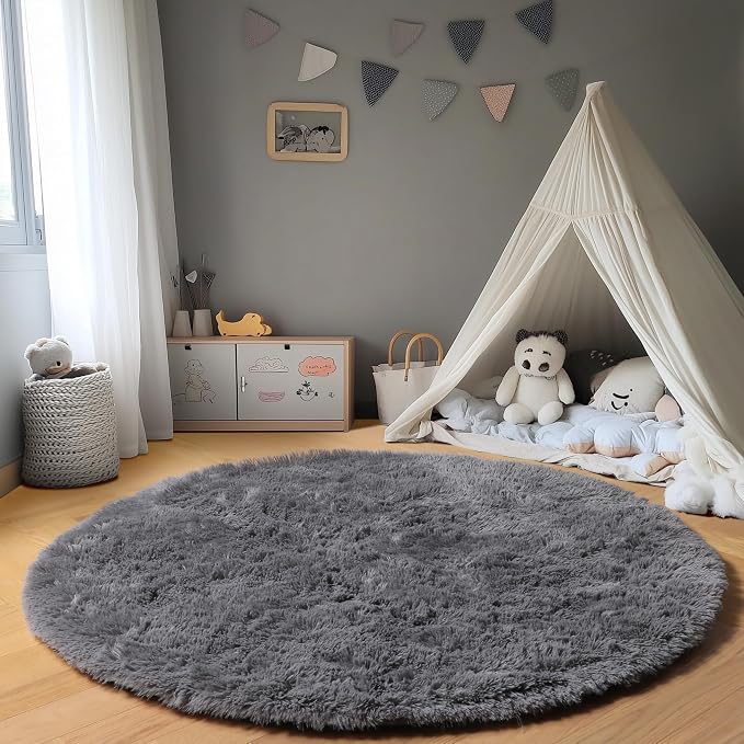Grey Round Area Rugs 6ft, Fluffy Gray Soft Bedroom Circle Rug - Image 6