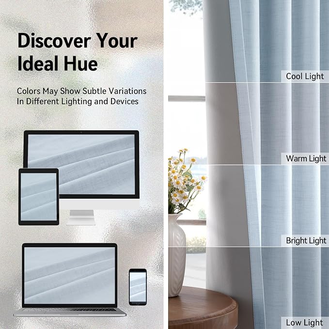 100% Blackout Linen Textured Curtains 90 Inch Long, Chambray Blue | 100% - Image 7