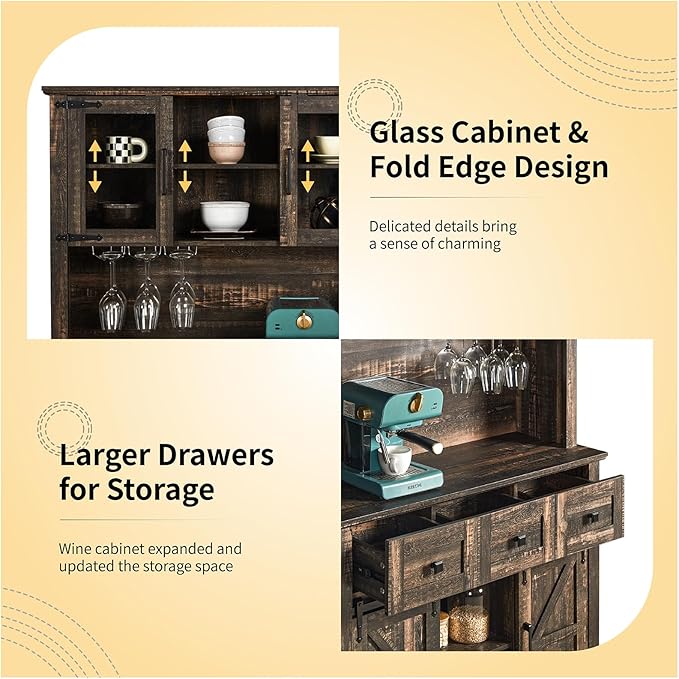 72" Coffee Bar Cabinet with Sliding Barn Door & LED Lights, Sideboard Buffet Cabinet with Wine Bottle Rack, 3 Drawers, Storage Cabinet for Kitchen, Dining Room, Dark Rustic Oak, DBC20B