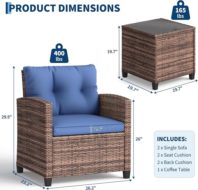 Garvee Outdoor Wicker Chairs, 3 Pieces Patio Furniture Set, All Weather High - Image 2