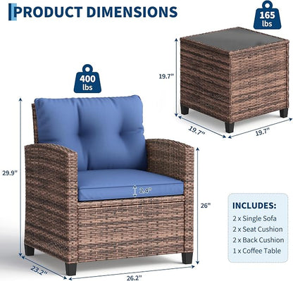 Garvee Outdoor Wicker Chairs, 3 Pieces Patio Furniture Set, All Weather High - Image 2