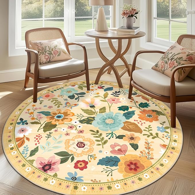 RELEANY Floral Washable Round 6ft Area Rug Ivory/Yellow | Flower Carpet Print - Image 2