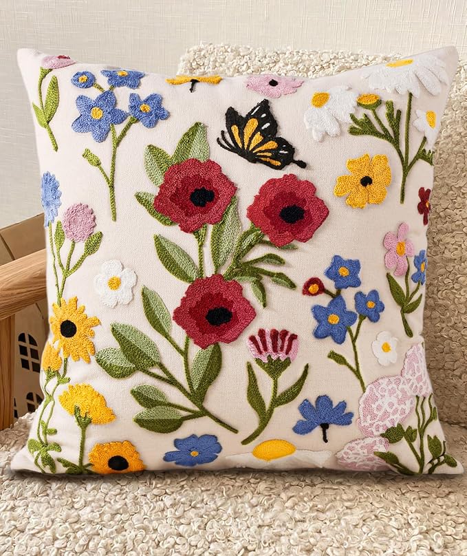 Embroidered Throw Pillow Cover 20x20 Inch, Retro Flower | Decorative Pillow by Kokaaee