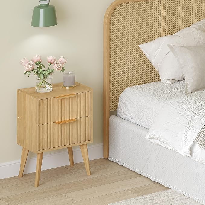 YAUKOMEL Fluted Nightstand, Small Bedside Table, Natural Wood Night Stand - Image 4