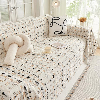 DREAMINGO Abstract Chenille Couch Cover Blanket Beige Khaki Black Boho Sofa - Image 7