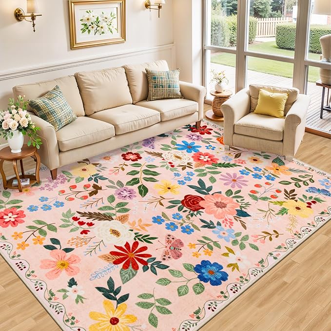 PLHXFR Area Rug 10x14 Living Room: Floral Washable Boho Soft Carpet Beige | - Image 2