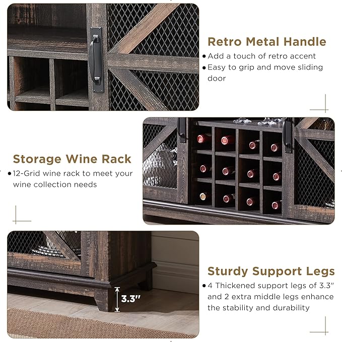 OKD Farmhouse Coffee Bar Cabinet with LED Lights, 55" Wine Bar w/Sliding Barn Door & Wine and Glass Rack, Kitchen Buffet Cabinet w/Storage Shelves for Dining Room,Dark Rustic Oak