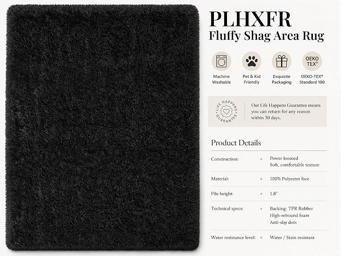 PLHXFR 6x9 Area Rugs Living Room: Fluffy Bedroom Rug Shag Carpet Black | - Image 4