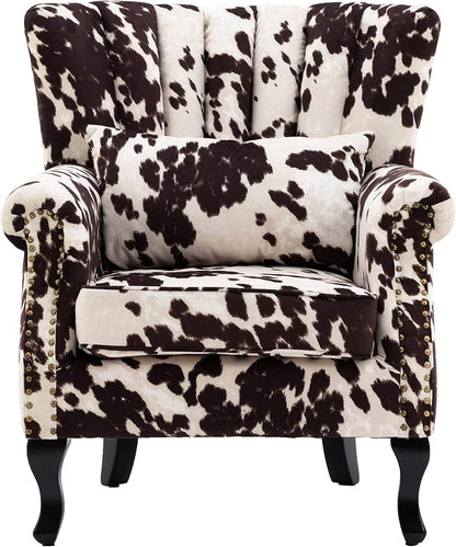 Cow Print Accent Chair Modern Velvet Armchair Tufted Wingback Club Chair Single by DMFurniture