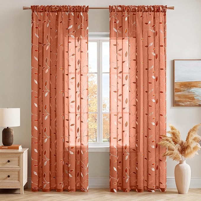 MIULEE Burnt Orange Sheer Fall Curtains 2 Panels Leaf Patterned, W52 x L96 | - Image 2