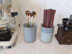 Stoneware Coffee Bar Utensil Holder Tea & Coffee Spoon & Stirrer Holder for Stir Stick Straw Teaspoon Holder Spoon Cup Small Utensil Jar (Blue Stripes)