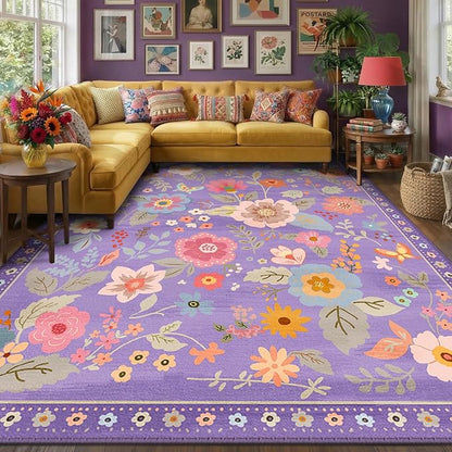 RELEANY Floral Washable 8x10 Area Rugs Purple/Pink | Flower Carpet Print Boho by RELEANY