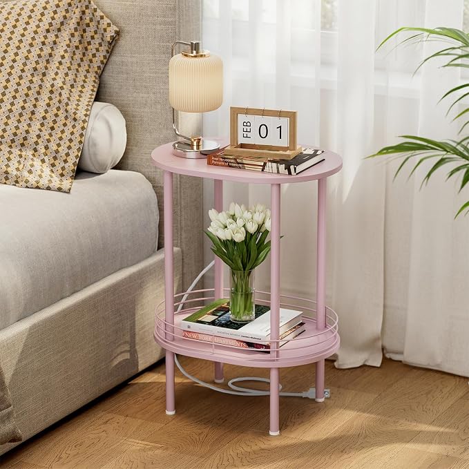 DGSANDGO Pink Side Table with Charging Station, Side Tables Living Room - Image 3