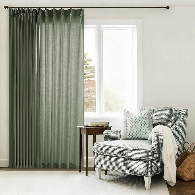 Olive Green Linen 100 Inch Wide Curtains 90 Inches Long Semi Sheer | Light by DUKIYO