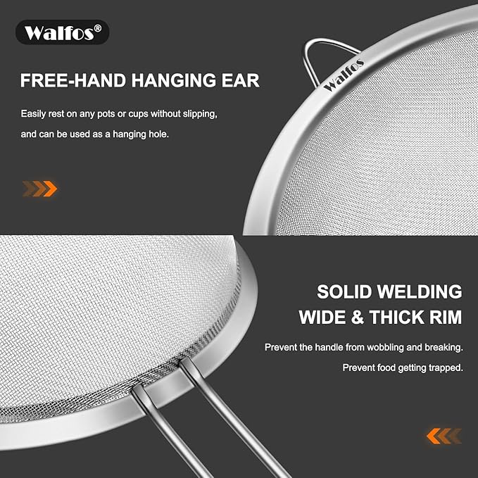 Walfos 8 Inch Fine Mesh Strainer, Premium Stainless Steel Colanders and Sifters, with Reinforced Frame and Sturdy Handle, Perfect for Sift, Strain, Drain and Rinse Vegetables, Pastas and Tea