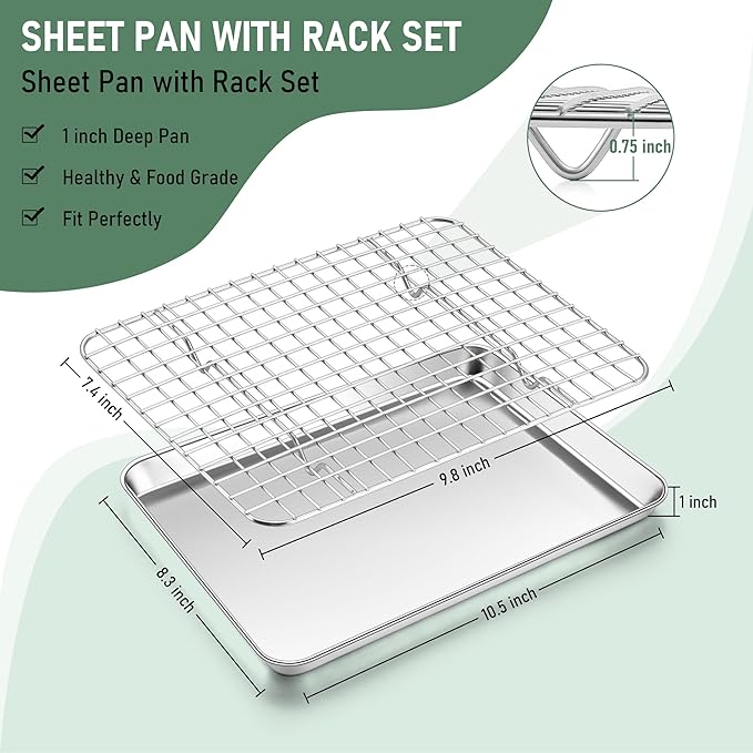 Homikit Cookie Sheet with Rack, 10 x 8 Inch Stainless Steel Small Baking Sheet with Wire Rack Set for Baking Roasting Cooling, Small Toaster Oven Pan Bacon Tray, Non-Toxic & Dishwasher Safe