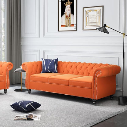 ORRD 2 Piece Living Room Set, Velvet Chesterfield Sofa Couch Chair - Image 4