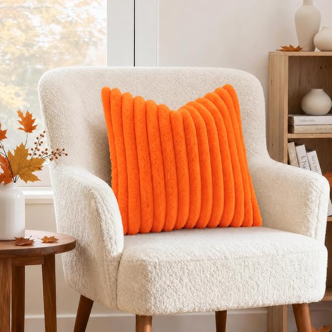decorUhome Fall Faux Fur Throw Pillow Covers 20x20 Set of 2 Orange | Decorative - Image 4