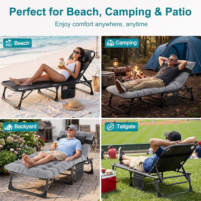 ABORON 2PK Chaise Lounge Chair, 5 Positions Padded Outdoor Tanning Chair - Image 6