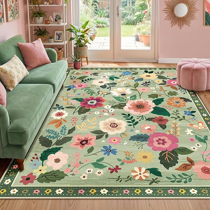 RELEANY Floral Washable 5x7 Area Rugs LightGreen | Flower Carpet Print Boho by RELEANY