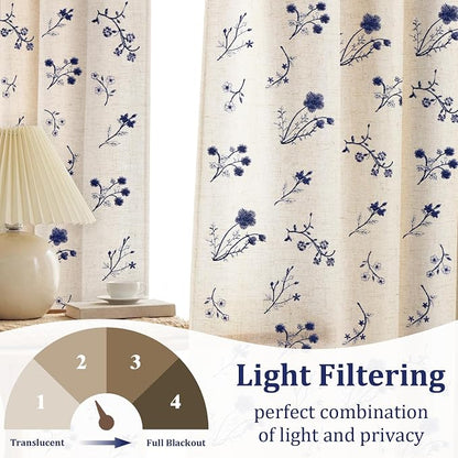 Dark Blue Floral Embroidered Light Filtering Curtains 84 Inch 2 Panels - Image 3