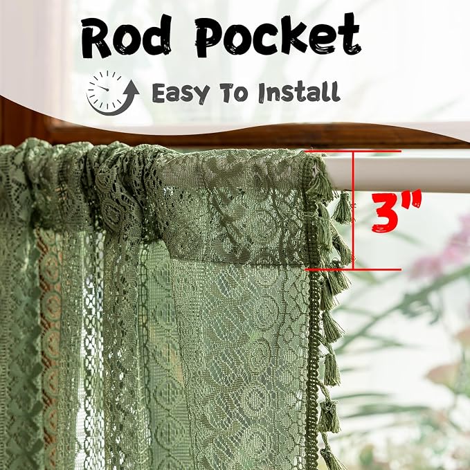 Sutuo Home Olive Green Boho Window Curtains Valance 18 inches Long 2 Panels - Image 5