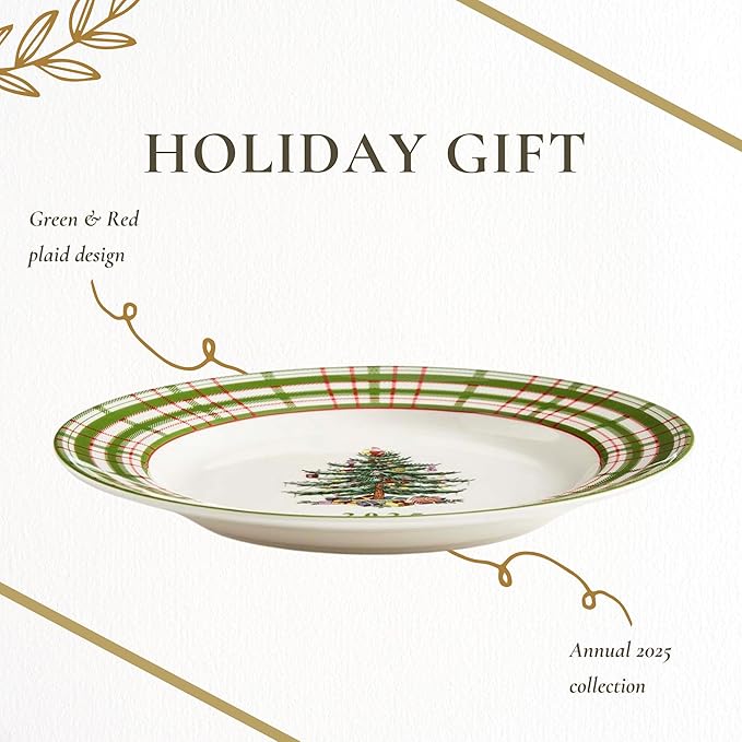 Spode Annual 2025 Collector Plate - Red & Green Plaid Border, Holiday Accent for Appetizers, Desserts & Display - 8 Inch Porcelain Plate, Microwave, Oven, Dishwasher & Freezer Safe