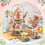 Zhehao 20 Pcs Porcelain Tea Set with Metal Holder and Spoon Adult Ceramic Tea Party Set European Flower Painting Teapot Cup Saucer Spoon Set for Women, Large Version(Stylish Style)