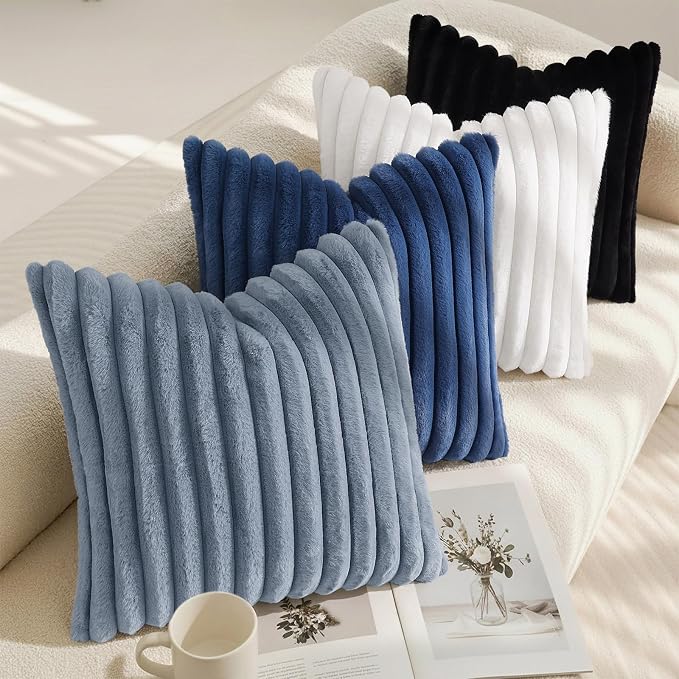 decorUhome Fall Faux Fur Throw Pillow Covers 18x18 Set of 2 Grey Blue | - Image 7