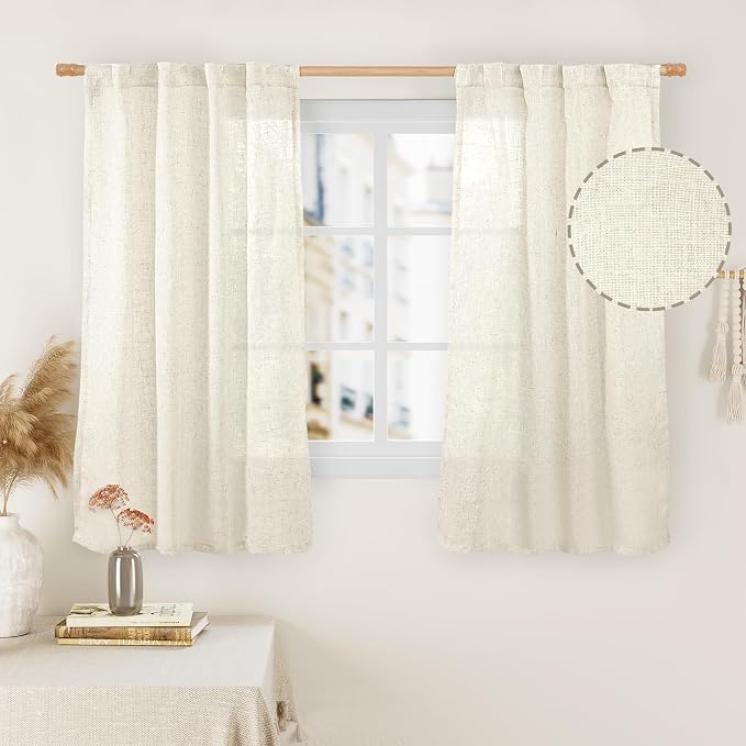 45 Inch Short Window Linen Curtains, Light Filtering Panels | Neutral Drapes by LAMIT