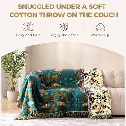 LUTBM Queen Throw Blanket for Bed 100% Cotton Boho Soft Quilt Birds and Floral - Image 3