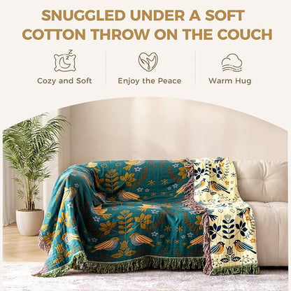 LUTBM King Throw Blanket for Bed 100% Cotton Boho Soft Rustic Quilt Birds and - Image 3