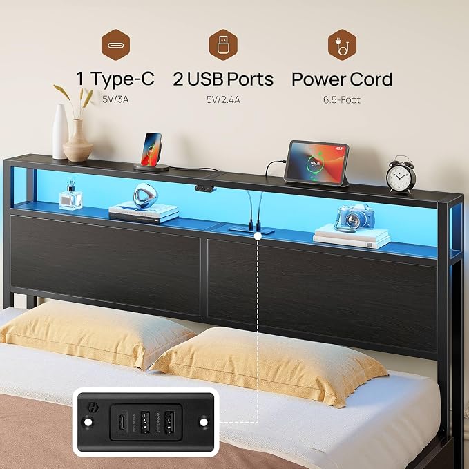 Rolanstar Queen Bed Frame with 4 Storage Drawers, Charging Station and LED - Image 7