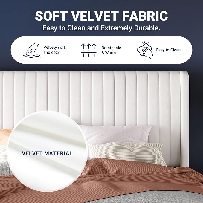Allewie King Size Velvet Bed Frame/Vertical Channel Tufted Wingback - Image 6