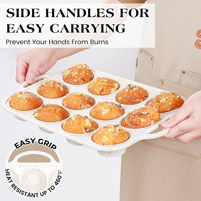 3 Pcs Silicone Baking Pan Set - Including Mini Loaf Pan, Standard Muffin Pan and Mini Muffin Pan - Silicone Cupcake Molds With Metal Reinforced Frame (Cream)