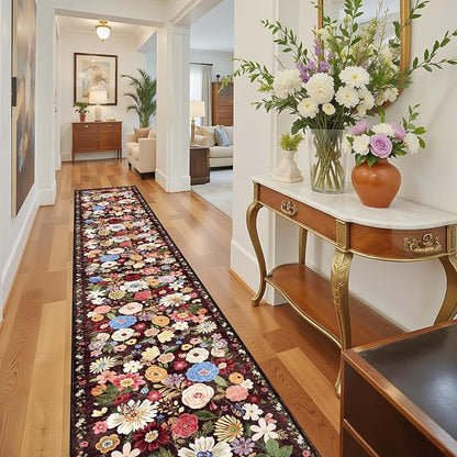 Black Brown Floral Hallway Runner Rug 2x10 - Image 7