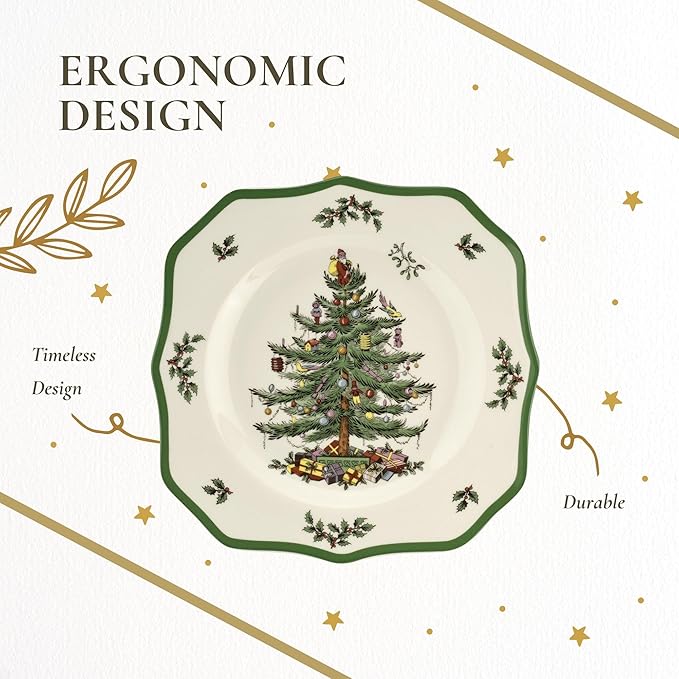 Spode Christmas Tree Scalloped Dinner Plate (Set of 4) - Holiday Stoneware Large Plates - 10.5 Inch Christmas Dinner Dishes, Colorful Gifts & Mistletoe Accents - Dishwasher & Microwave Safe
