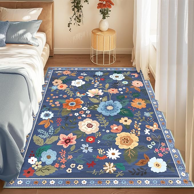 RELEANY Floral Washable 3x5 Area Rugs Blue/Grey | Flower Carpet Print Boho Cute - Image 8