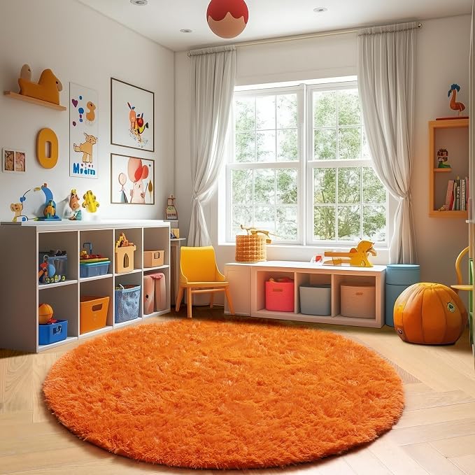 Amdrebio Orange Shaggy Round Area Rug 5Ft - Image 5
