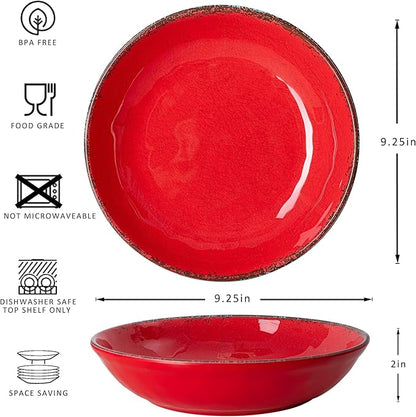 LEHAHA Vintage Melamine Pasta Bowls, Set of 6, 9.25 inch Large Salad Bowls, Unbreakable 100% Melamine Serving Bowls Set for Dinner, 42 oz Wide and Shallow Bowls Set, Dishwasher Safe, Red…