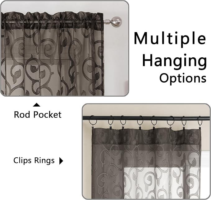 Furman Sheer Curtains Chocolate 45 Inch Length 2 Panels Set, Jacquard Clip - Image 4